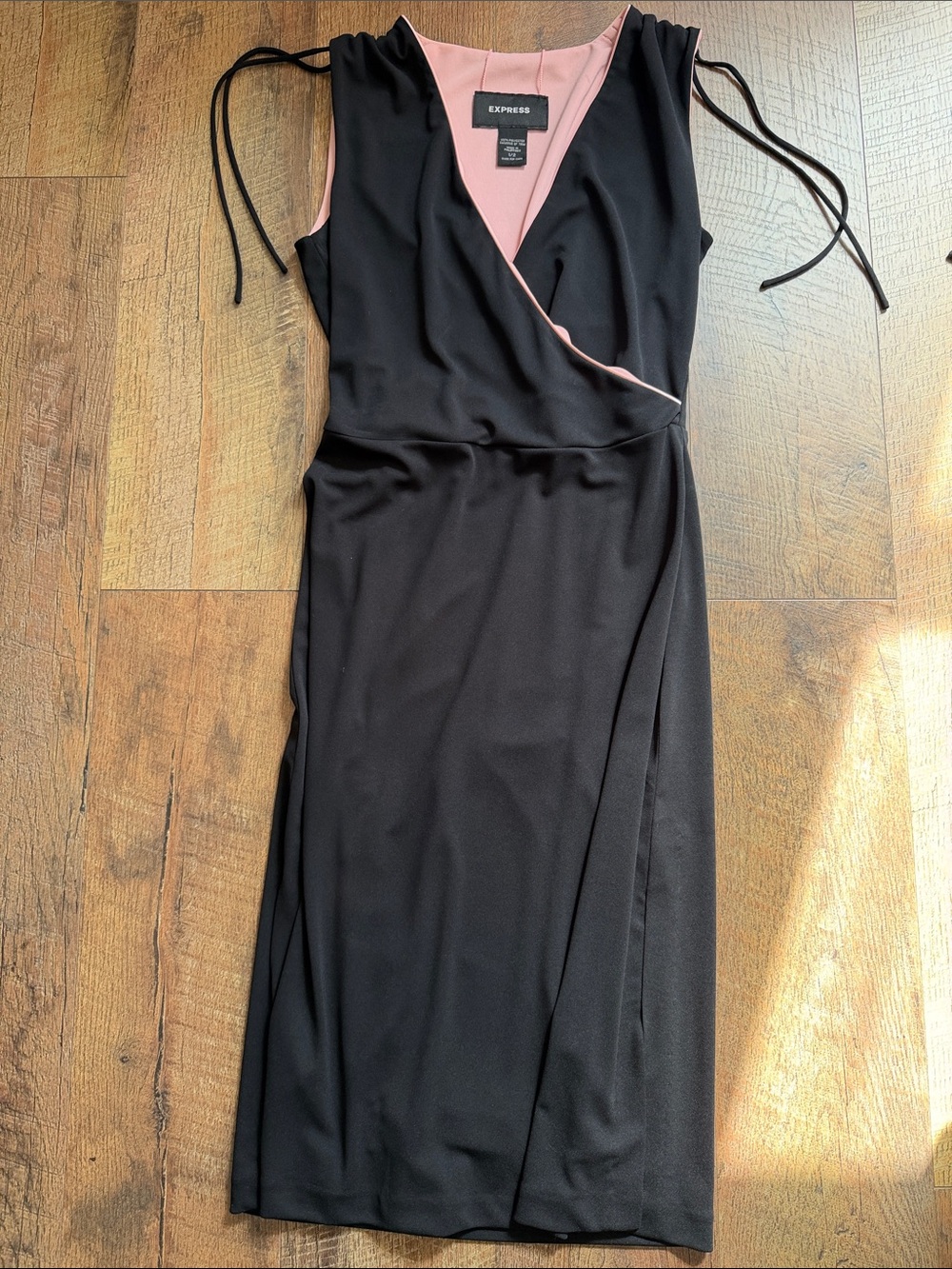 Express Black Midi Wrap Dress with Pink Lining